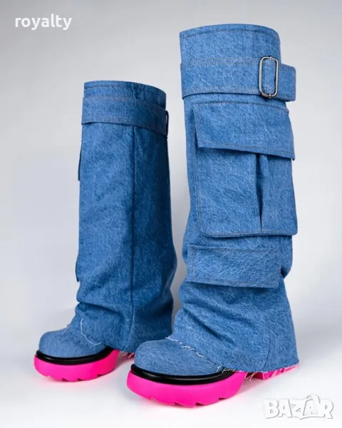 Ботуши на платформа - син деним с ходило цвят циклама, снимка 1