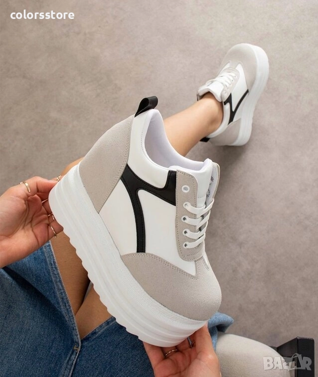 Кецове на платформа - бяло, сиво и черно - SJN80 , снимка 1