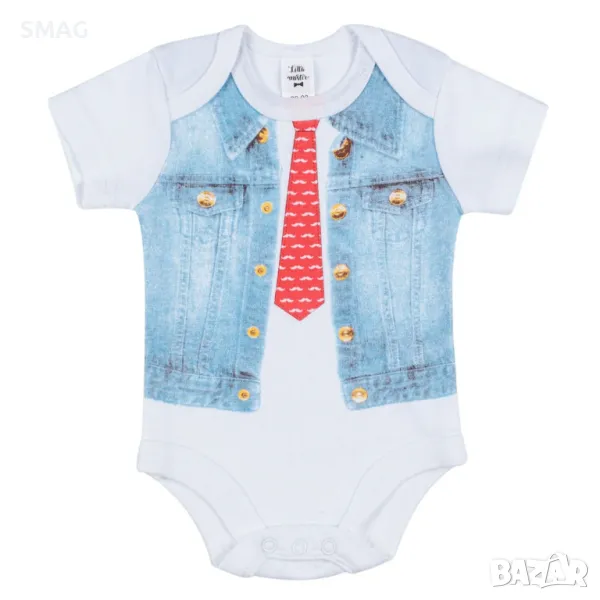Бебешко боди Памучен бял деним с къс ръкав Червен дизайн на вратовръзка S_1202753, снимка 1