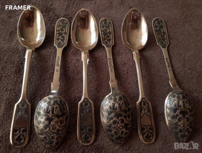 6 броя 1896 Сребърни с ниело лъжички сребро 84 ЦАРСКА Русия , снимка 1