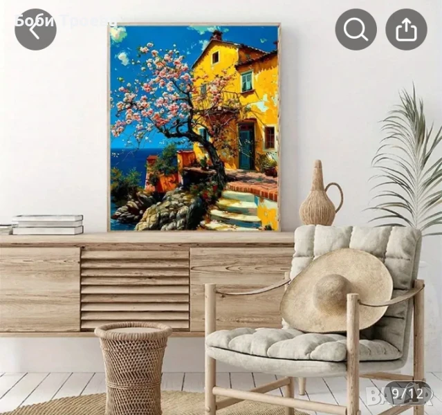 Крайбрежна Картина - Ярко Жълто и Розово Флорален Морски Пейзаж с Цъфтящи Черешови Цветове, снимка 1