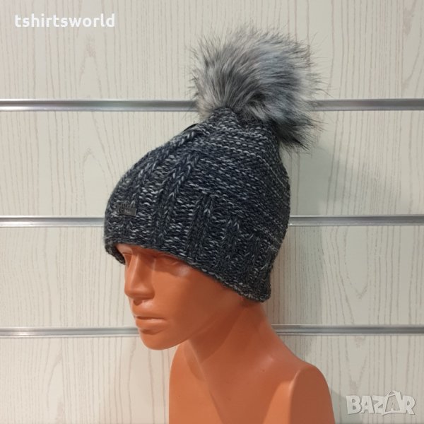 Нова зимна дамска шапка СилвърСтар тъмносив меланж без подгъв в помпон/пух, снимка 1