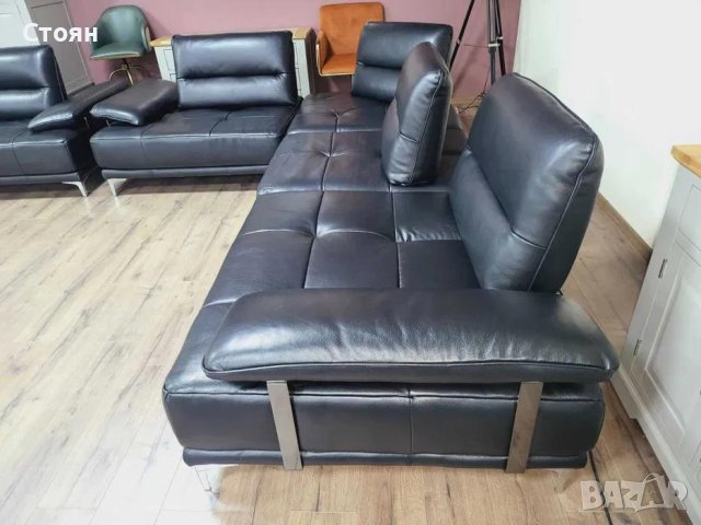 Черен кожен ъглов диван и фотьойл Artemis с електрически облегалки, снимка 4 - Дивани и мека мебел - 43552710