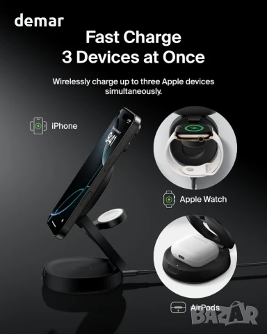 Зарядно устройство Belkin MagSafe, 3-в-1 безжична зарядна станция, Qi2, снимка 2 - Безжични зарядни - 51213664