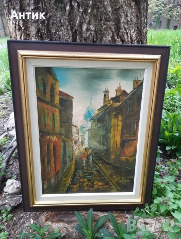 Красива Стара Картина Уличен Пейзаж Живопис Маслени Бои на Платно, снимка 6 - Картини - 53327691