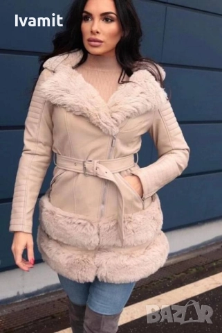 Дамско кожено яке с пух, снимка 4 - Якета - 52370366