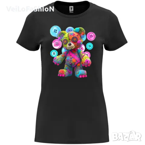 Нова дамска тениска с цветно Мече в черен цвят, снимка 1