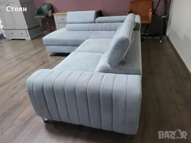 ПРОМОЦИЯ!!!Светло син ъглов диван от плат с функция сън и ракла, снимка 5 - Дивани и мека мебел - 47869811
