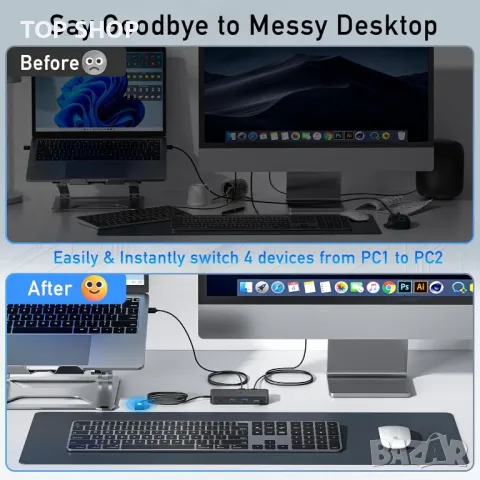 uni USB 3.0 превключвател, 4 порта USB превключвател към 2 компютъра, с дистанционно управление, снимка 2 - Друга електроника - 49805287