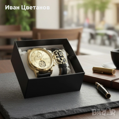 Елегантен мъжки комплект – часовник с черна каишка и гривна с метален щит, снимка 3 - Мъжки - 52124763