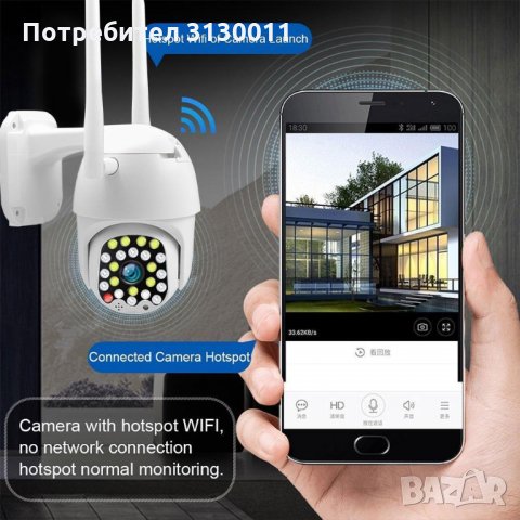 WIFI  Нови Куполна PTZ Камера с 24LED диода, 2MP 1080P, снимка 5 - HD камери - 34924840