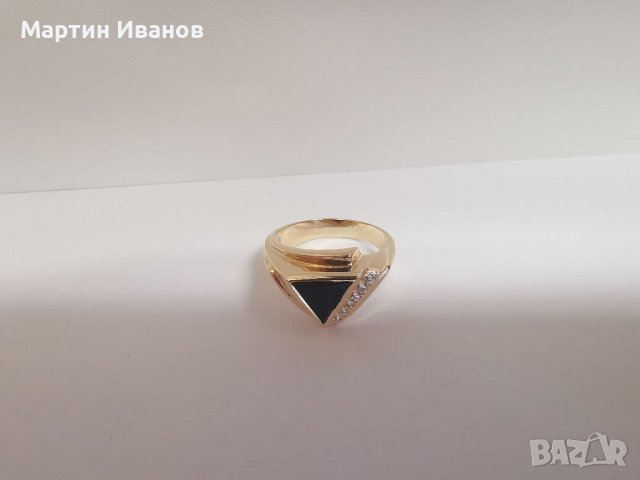 Златен мъжки пръстен с оникс и циркони , снимка 5 - Пръстени - 36935137
