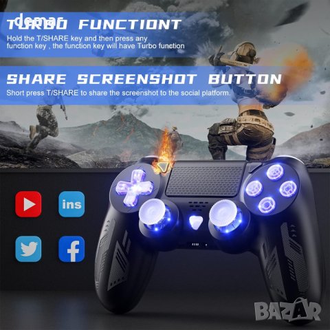 Безжичен контролер Bonacell за геймпад за Ps4 с 6-осен сензор за движение Turbo Touch Pad, снимка 4 - Аксесоари - 44050909