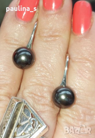 Сребърни обеци с естествени черни перли проба s925, снимка 2 - Обеци - 32693453