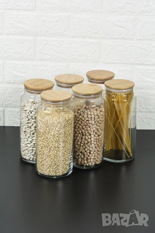 6бр. Стъклени буркани за съхранение с бамбуков капак / Буркани за подправки + 36бр. БГ етикети, снимка 1 - Кутии за храна - 40233847