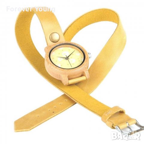 Дамски дървен часовник от бамбук с увиваща се каишка в жълто, снимка 3 - Дамски - 38287344