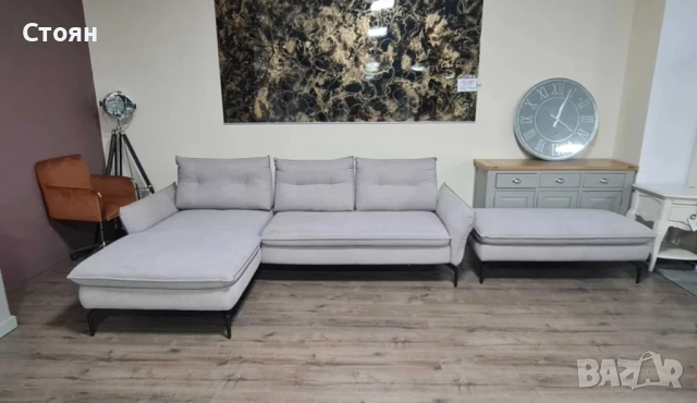 Сив ъглов диван от плат и табуретка "Alexis"