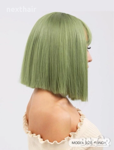 Къса зелена перука с бретон, снимка 2 - Аксесоари за коса - 51823131