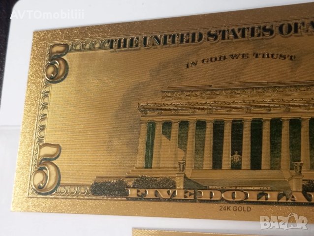 Позлатена с 24 карата злато релефна банкнота 5 долара със сертификат, снимка 8 - Нумизматика и бонистика - 51376047