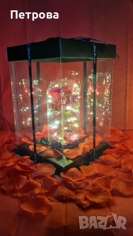 Вечна роза в луксозна кутия с панделка/Роза в стъкленица/Роза с LED светлини , снимка 8 - Декорация за дома - 44077192