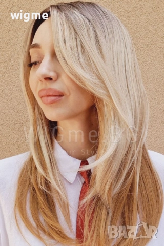 Дълга руса чуплива перука с тъмни корени Дакота, снимка 2 - Аксесоари за коса - 51443390