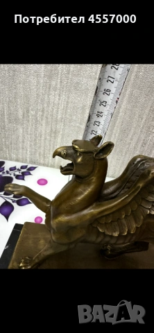 Масивна бронзова статуетка "Грифон" (7 кг) върху мрамор – Сигнатура Laurens, снимка 8 - Антикварни и старинни предмети - 53440459