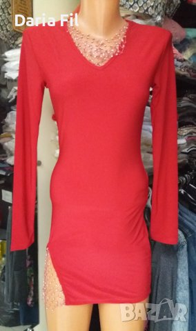 ЕФЕКТНА КЪСА червена рокля по тялото с красиво деколте с мрежа от сребристи камъчета, снимка 1 - Рокли - 43258388