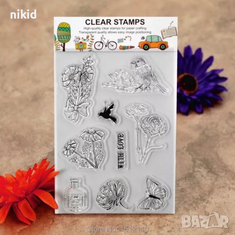 Цветя карамфил пеперуда шише Птичка врабче силиконов гумен печат декор бисквитки фондан Scrapbooking, снимка 2 - Други - 36672873