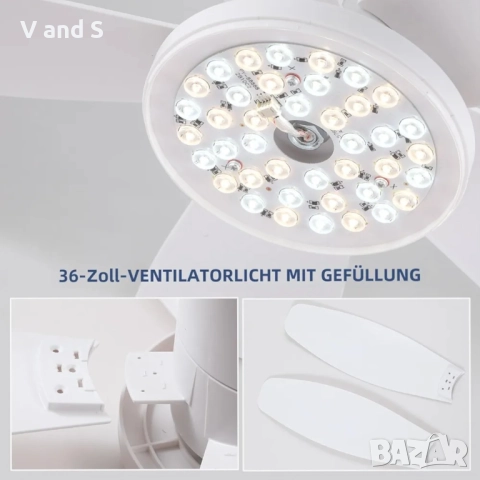 Таванен вентилатор с осветление - 91.5 см. За лято и зимата със светлина и дистанционно, снимка 7 - Вентилатори - 51594645