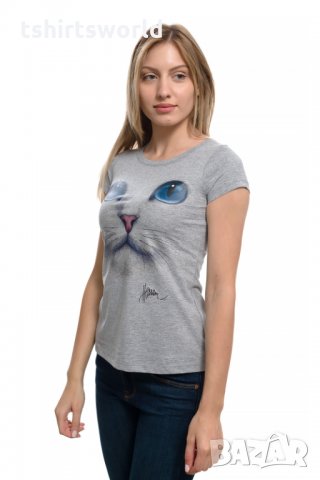 Нова дамска сива тениска с 3D принт Котка със сини очи, снимка 6 - Тениски - 29126621