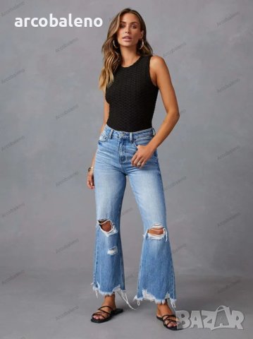 Дамски изпрани широки скъсани дънки, снимка 2 - Дънки - 43290940