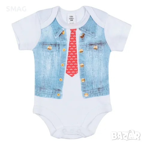 Бебешко боди Памучен бял деним с къс ръкав Червен дизайн на вратовръзка S_1202753