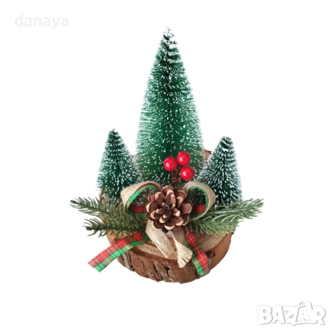 6177 Коледна декорация Елхички върху дървено пънче, 11×17 см, снимка 2 - Декорация за дома - 52028076