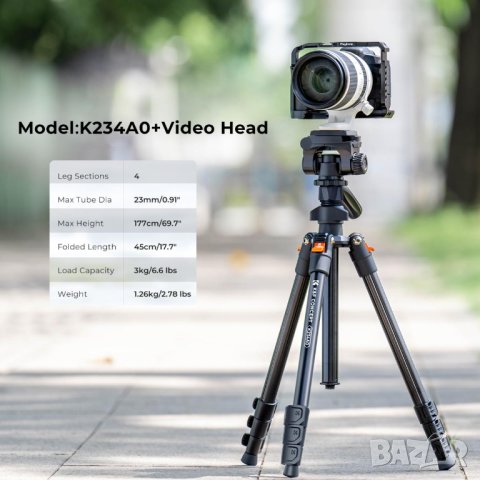 Статив K&F Concept Model K234A0+Video Head+държач за телефон, снимка 4 - Чанти, стативи, аксесоари - 43131656