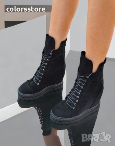 Боти на платформа - черен велур - BPL25