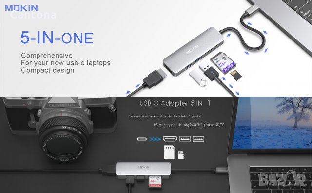 MOKiN USB Type-C Hub 5 в 1, 2xUSB 3.0, HDMI, TF/SD четец на карти, снимка 5 - Други - 35640946