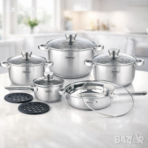 Комплект съдове, 12 части, 2 подложки, Неръжд.стомана, снимка 2 - Съдове за готвене - 53565548