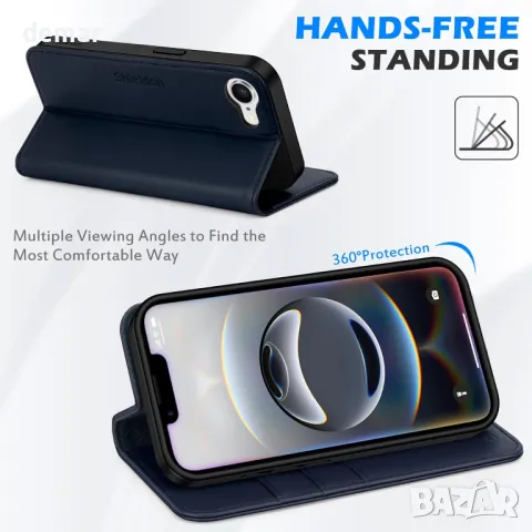 Калъф SHIELDON за iPhone 16e 6.1" 5G 2025, флип калъф от естествена кожа - тъмносин, снимка 5 - Калъфи, кейсове - 49506453