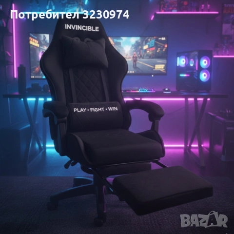 Черен геймърски стол с регулируема височина, лумбална възглавница и метална основа