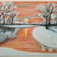 Картина "Снежен изгрев" - акрил, размер 25х30 см, снимка 1 - Картини - 43335350