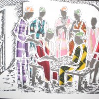 Художествена картичка върху текстилна основа-Мъже в Африка, снимка 2 - Други ценни предмети - 39725841