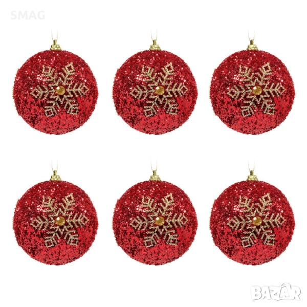 Комплект коледни топки за елха – червени със златна снежинка, Ø8 см – 6 броя_1084957, снимка 1