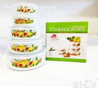Комплект емайлирани купи за съхранение на храна с пластмасови капаци , снимка 1