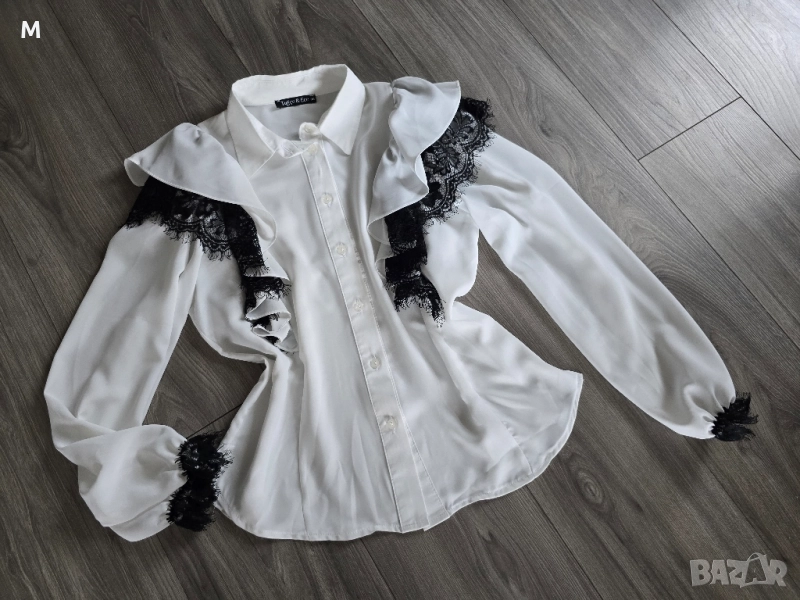 Уникална дамска бяла риза с черна дантела , снимка 1