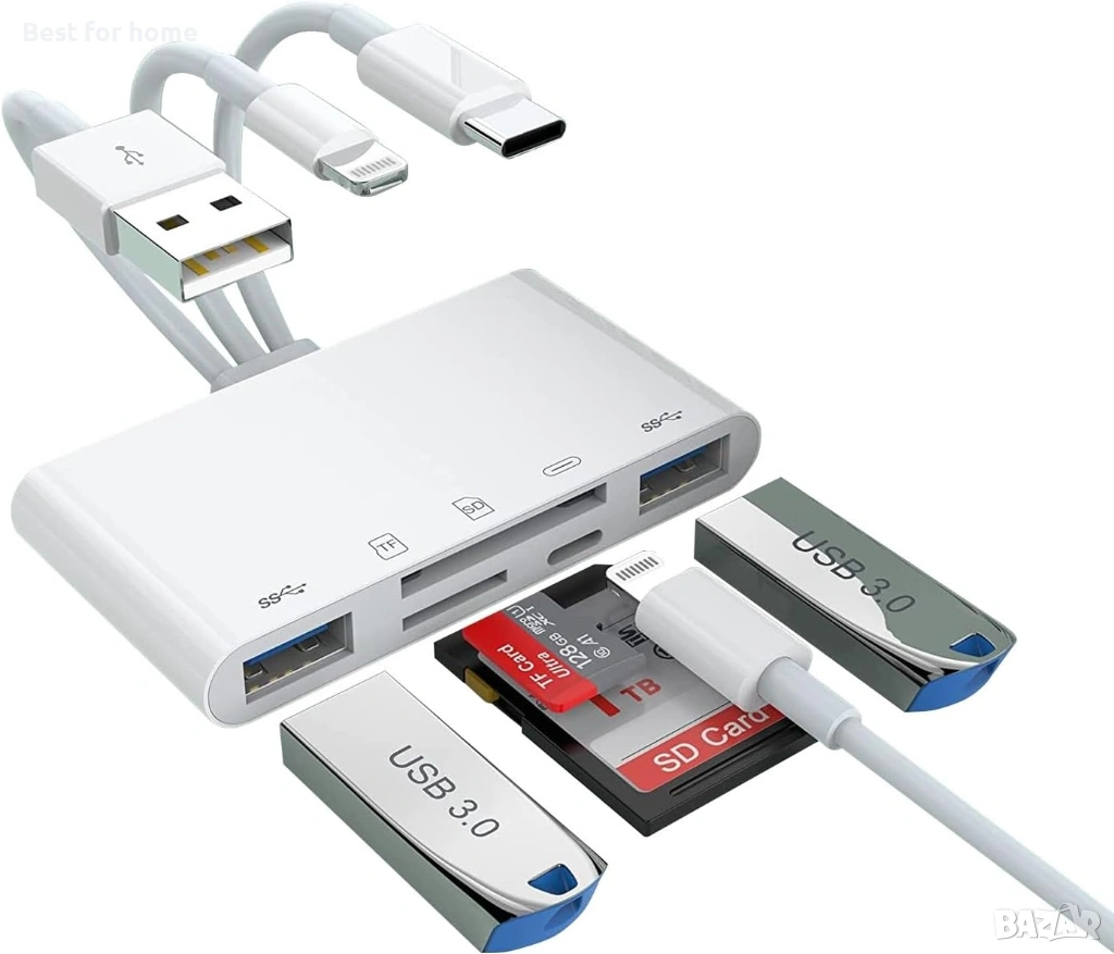 5-в-1 Мултифункционален Адаптер и Четец на Карти – Lightning + USB-C + USB 3.0 за iPhone, Android и , снимка 1