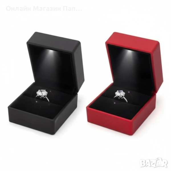 Луксозна кутия за пръстен или обеци с LED лампичка – черна или червена, снимка 1