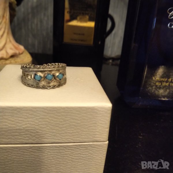 Стар сребърен пръстен филигран с тюркоаз намален , снимка 1