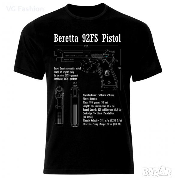 Мъжка Тениска Beretta 92FS Pistol Handgun Blueprint Patent, снимка 1