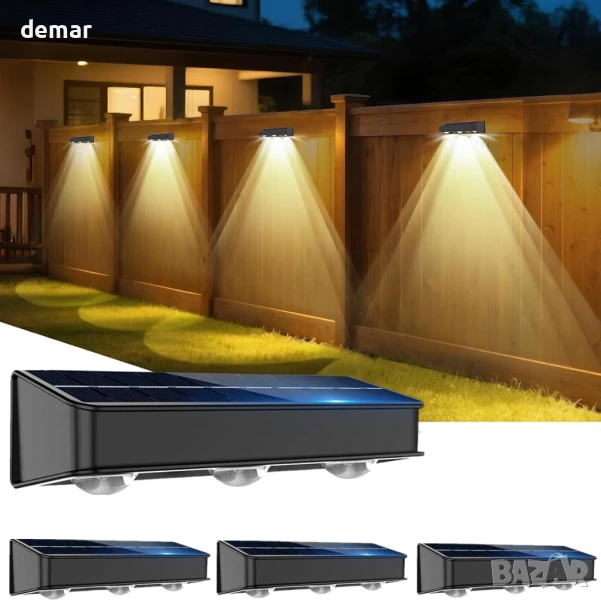 sununiny Комплект от 4 соларни лампи за ограда за открито, 3 лещи, IP65, снимка 1