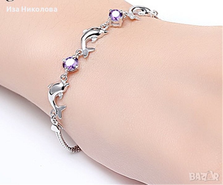 Сребърна гривна делфини със сапфири, снимка 1